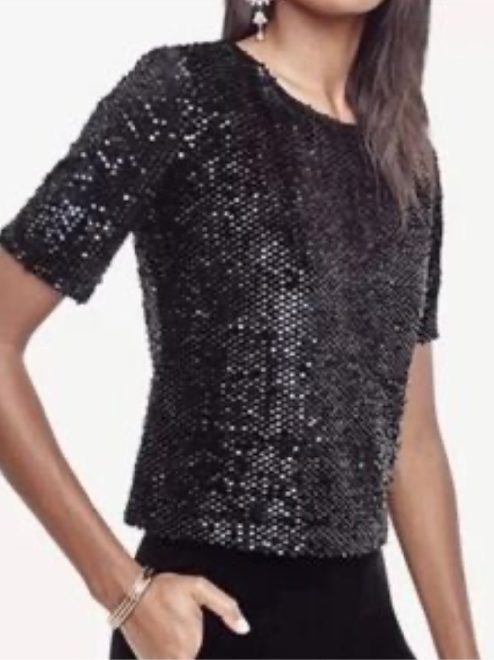 Ann Taylor Black Sequin Short Sleeve Blouse